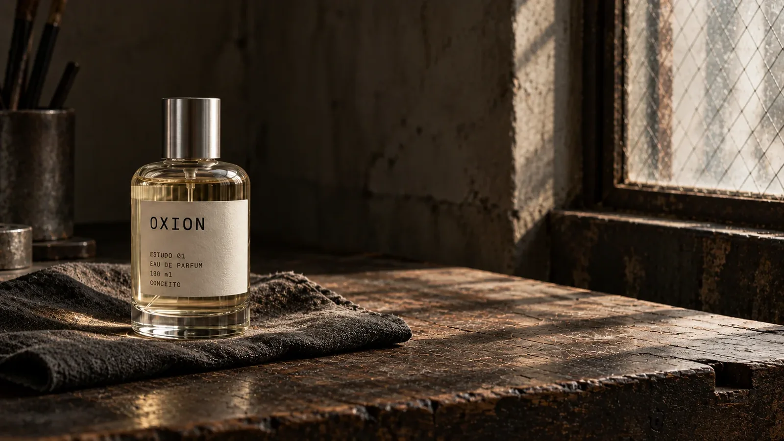 Frasco de perfume Oxion sobre tecido de linho