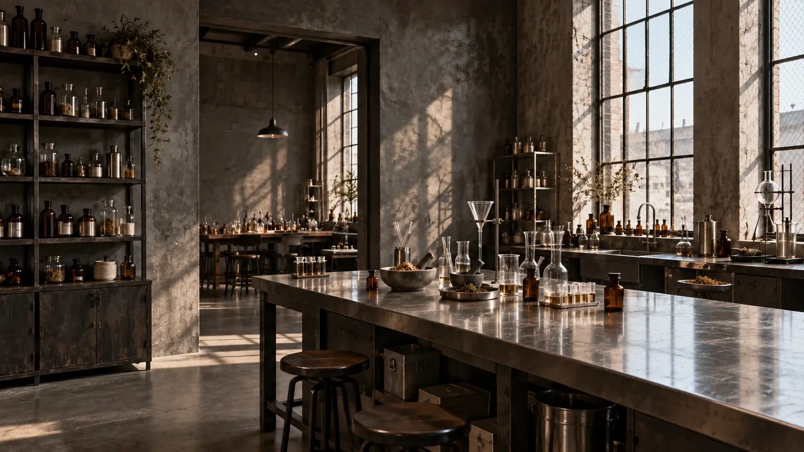 Atelier vazio com bancadas, vidrarias e luz natural