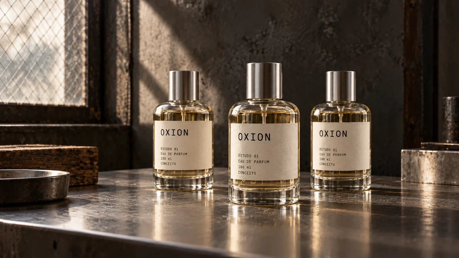 Coleção de frascos Oxion e seus reflexos